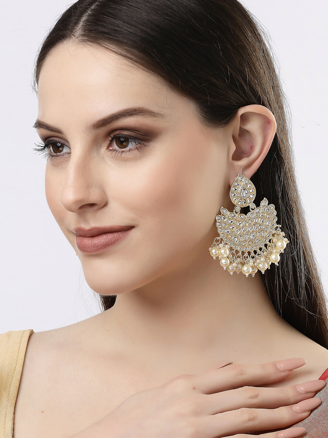 NVR Women Gold-Plated Kundan Chandbali Earrings - Distacart