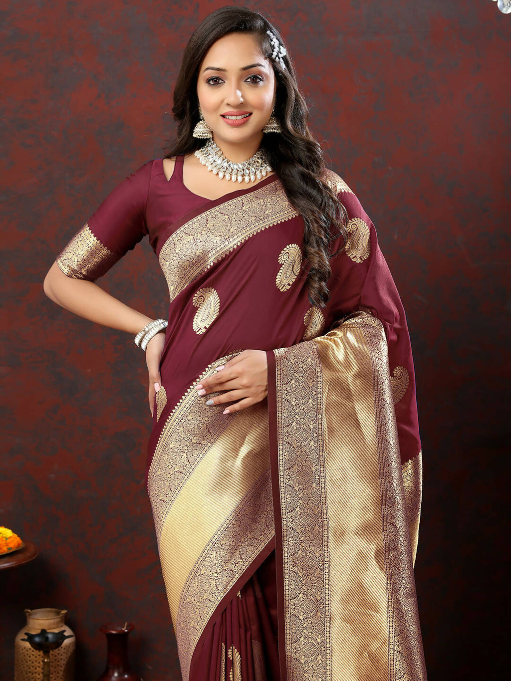 Lorenvalley Fashion Maroon Soft Silk Woven Design Gold Zari Weaving Saree
