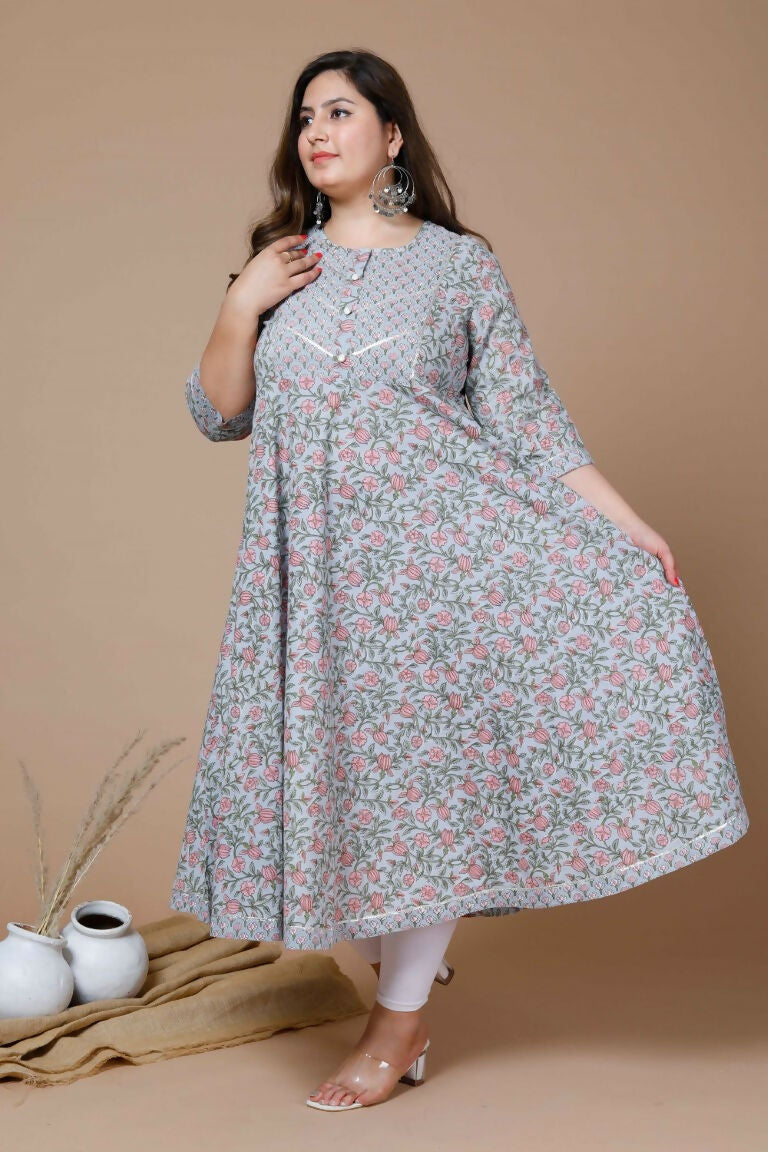 Miravan Women's Plus Size Blue Ethnic Motifs Gotta Patti Pure Cotton Anarkali Kurta