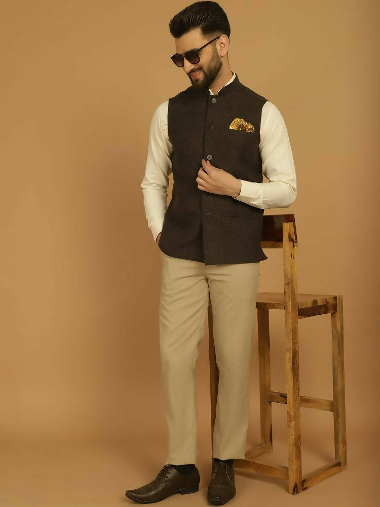 Even Apparels Pure Wool Nehru Jacket - Brown
