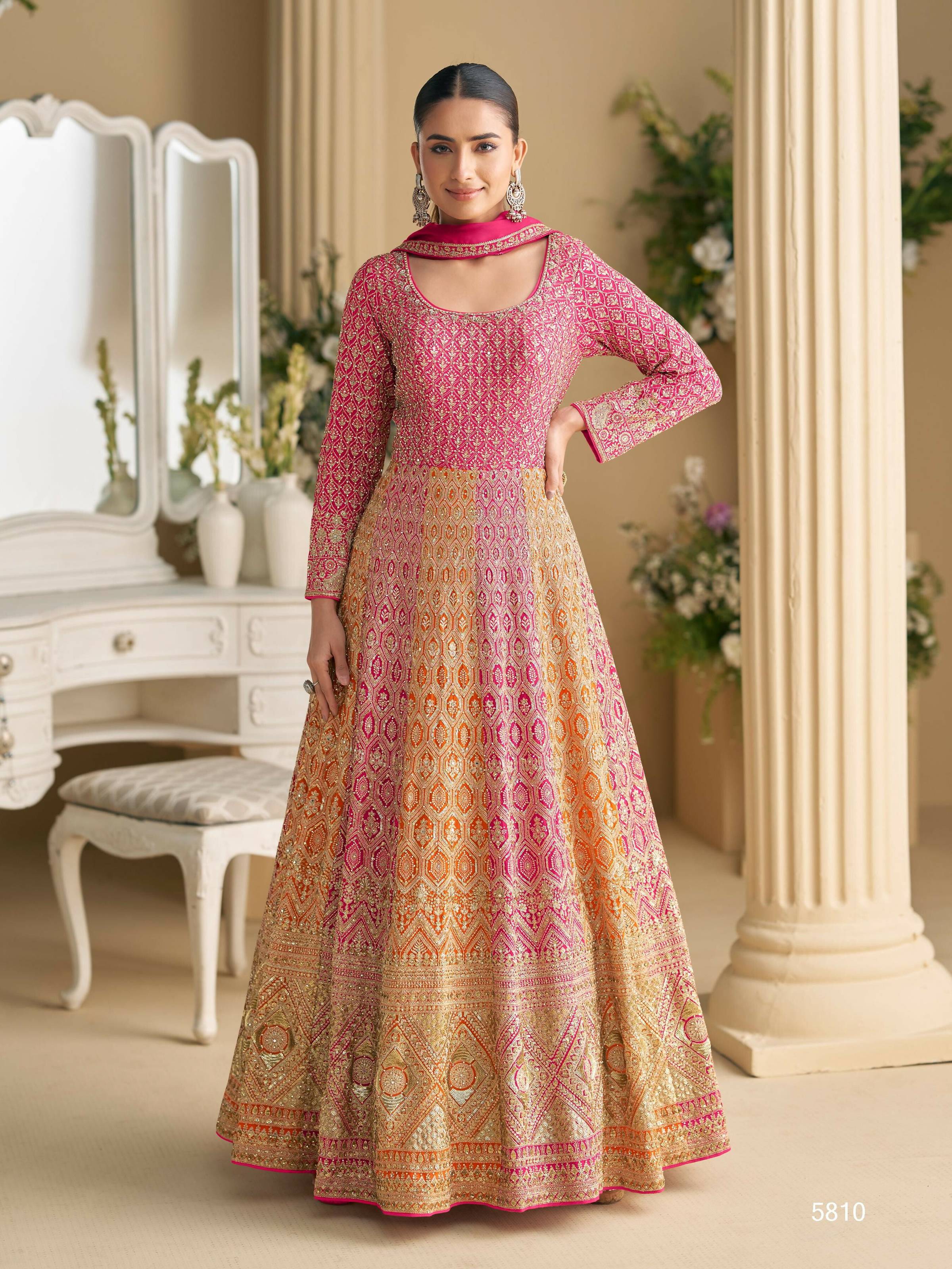 Anaita Peach Georgette Readymade Anarkali Suit with Embroidery Zarkan Work (Free Size) - Distacart