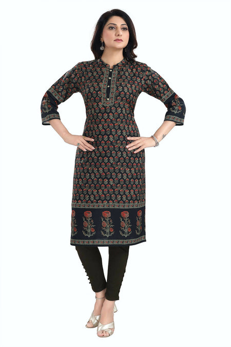 Snehal Creations Breathtaking Black Designer Digital Print Cotton Slub Fabric Long Kurti Tunic