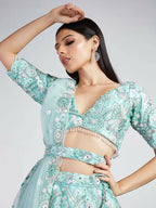 House of Panchhi Turquoise Blue Organza Sequins, Zarkan And Thread Embroidery Lehenga Choli & Dupatta