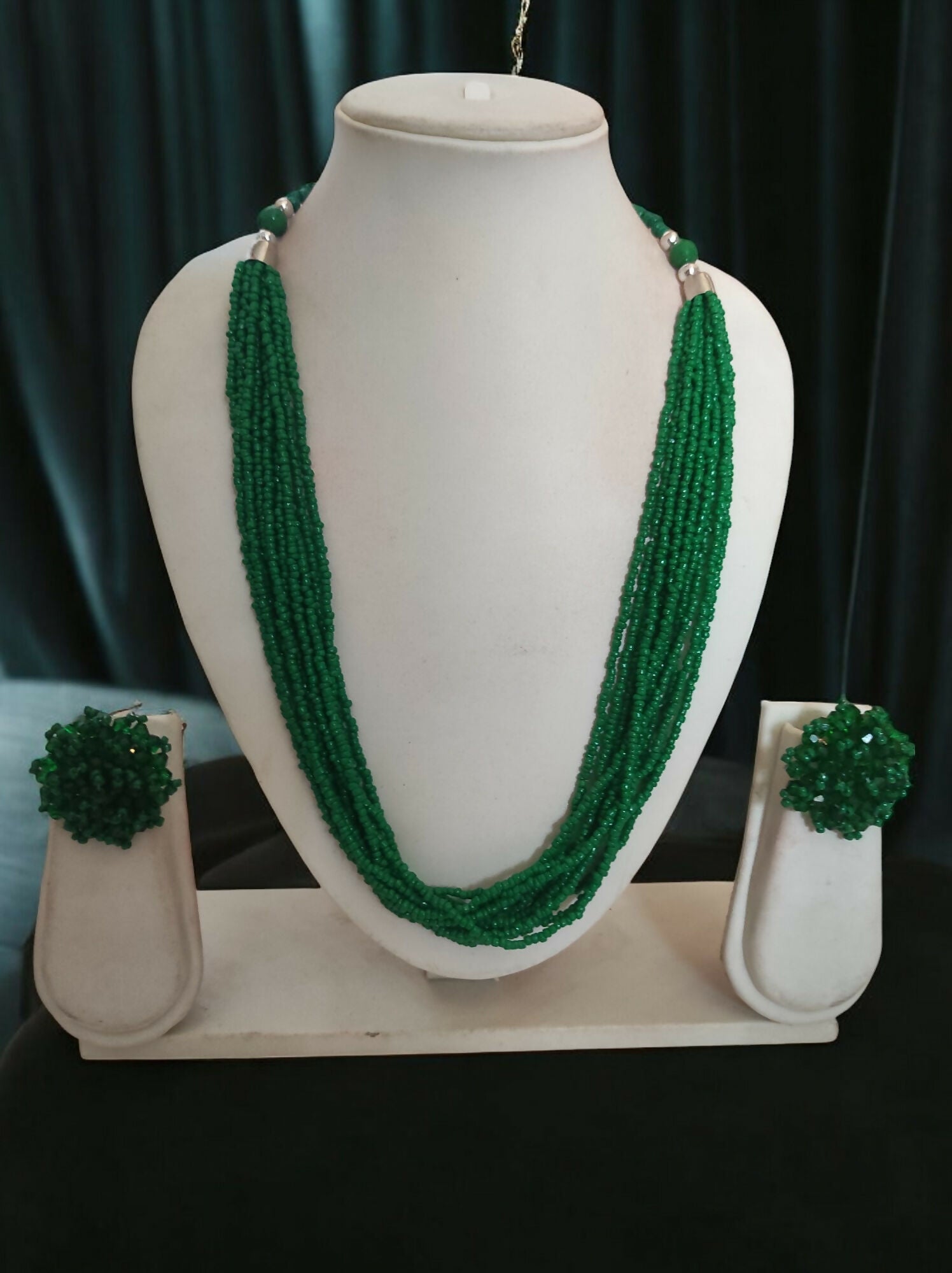 Inhanns Bloom Handmade Beaded Necklace With Earrings - 12 Layers - Darkgreen Necklace Set