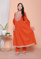 Miravan Womens Floral Embroidered Rust Straight Cotton Kurta & Palazzo With Dupatta Set - Distacart