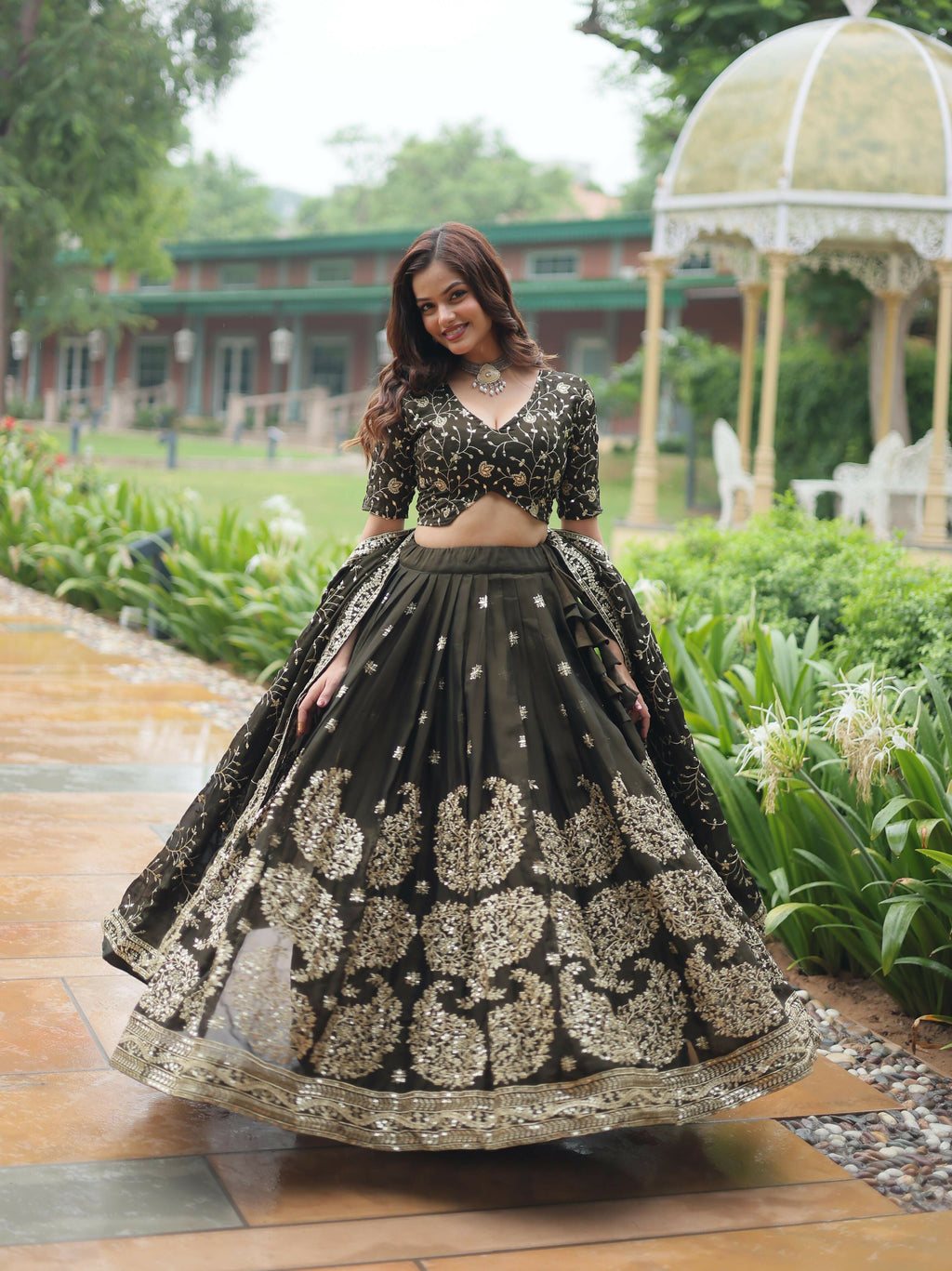 Lorenvalley Mahendi Rangoli Silk Heavy Sequins & Thread Embroidered work Lehenga Choli