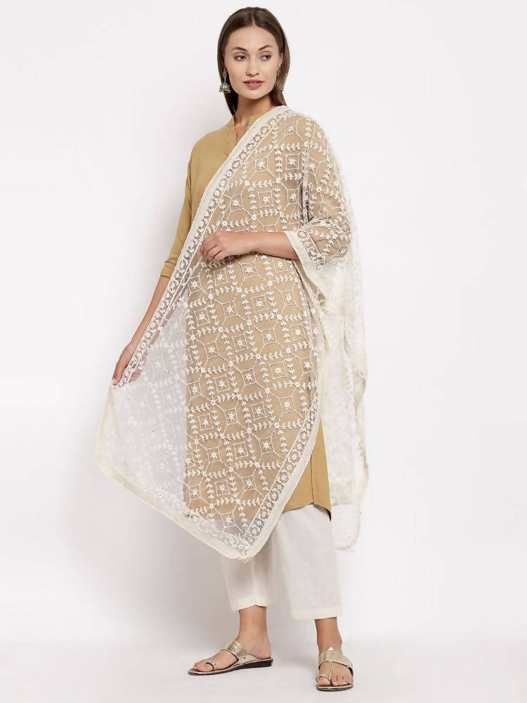 Myshka Women's White Net Solid Casual Dupatta
