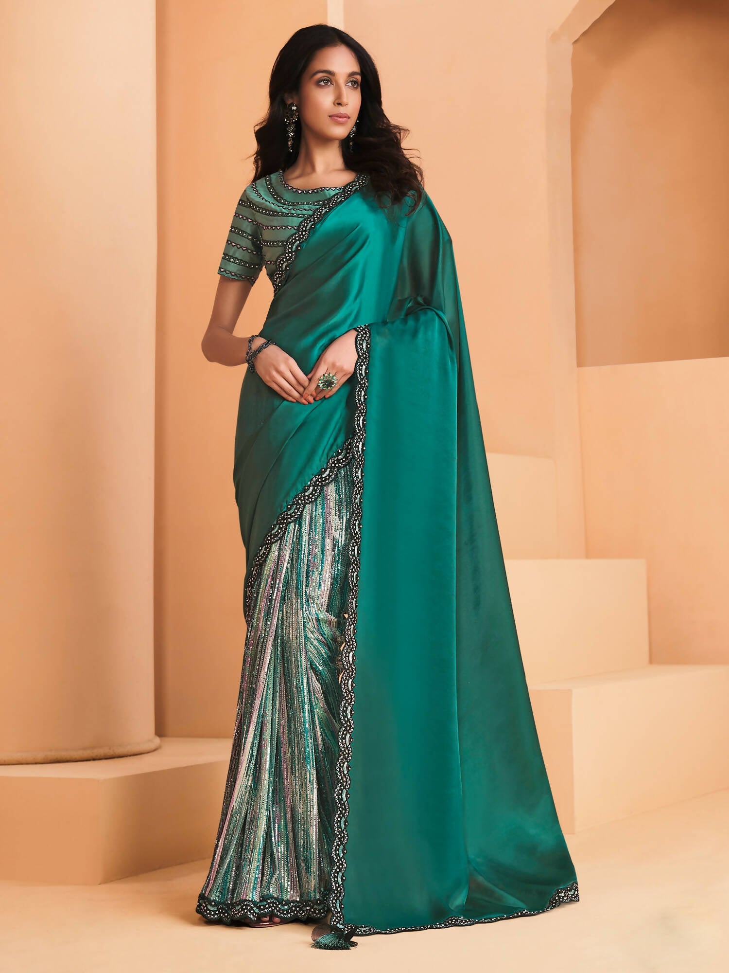 Sea Green Satin Crepe Silk Sequence Embroidered Saree With Unstitched Blouse - Mohmanthan Yavanika