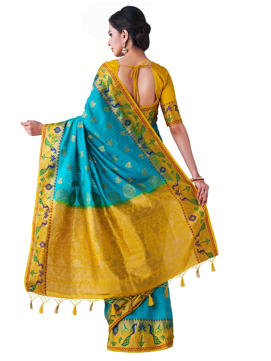 Mimosa Women's Turquoise Kanchipuram Silk Saree - Distacart
