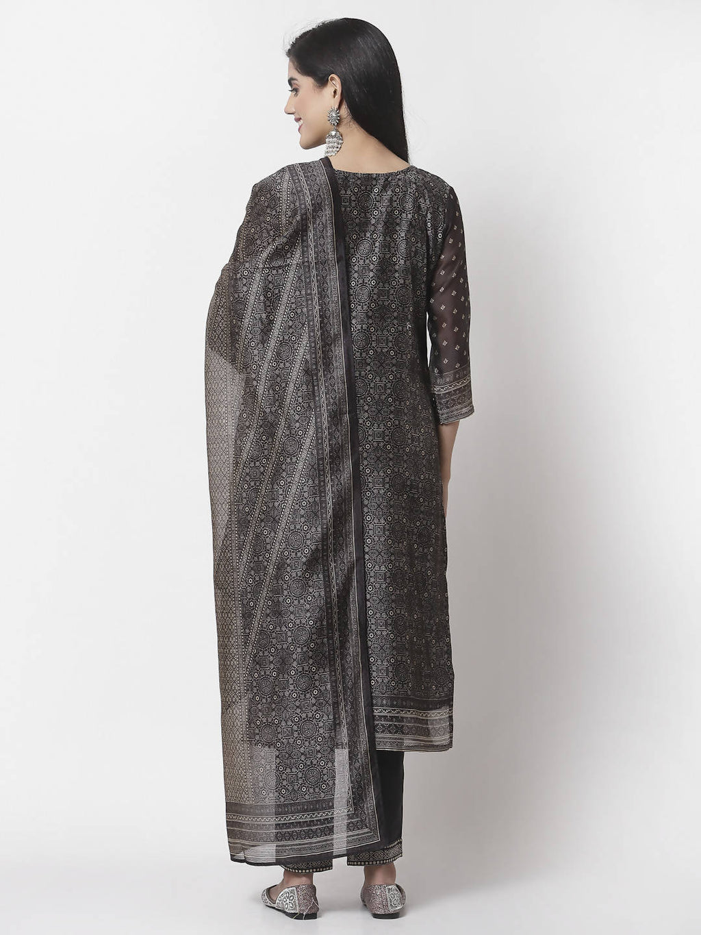 Myshka Black Chanderi Silk Embroidered 3/4 Sleeve Round Neck Kurta Pant Dupatta Set
