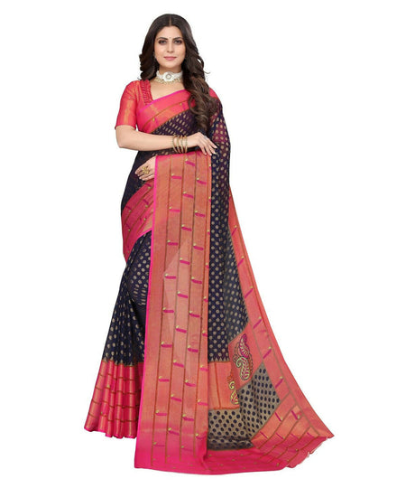 Vamika Navy Blue Chiffon Brasso Bollywood Style Woven Saree (DIMPLE NAVY)