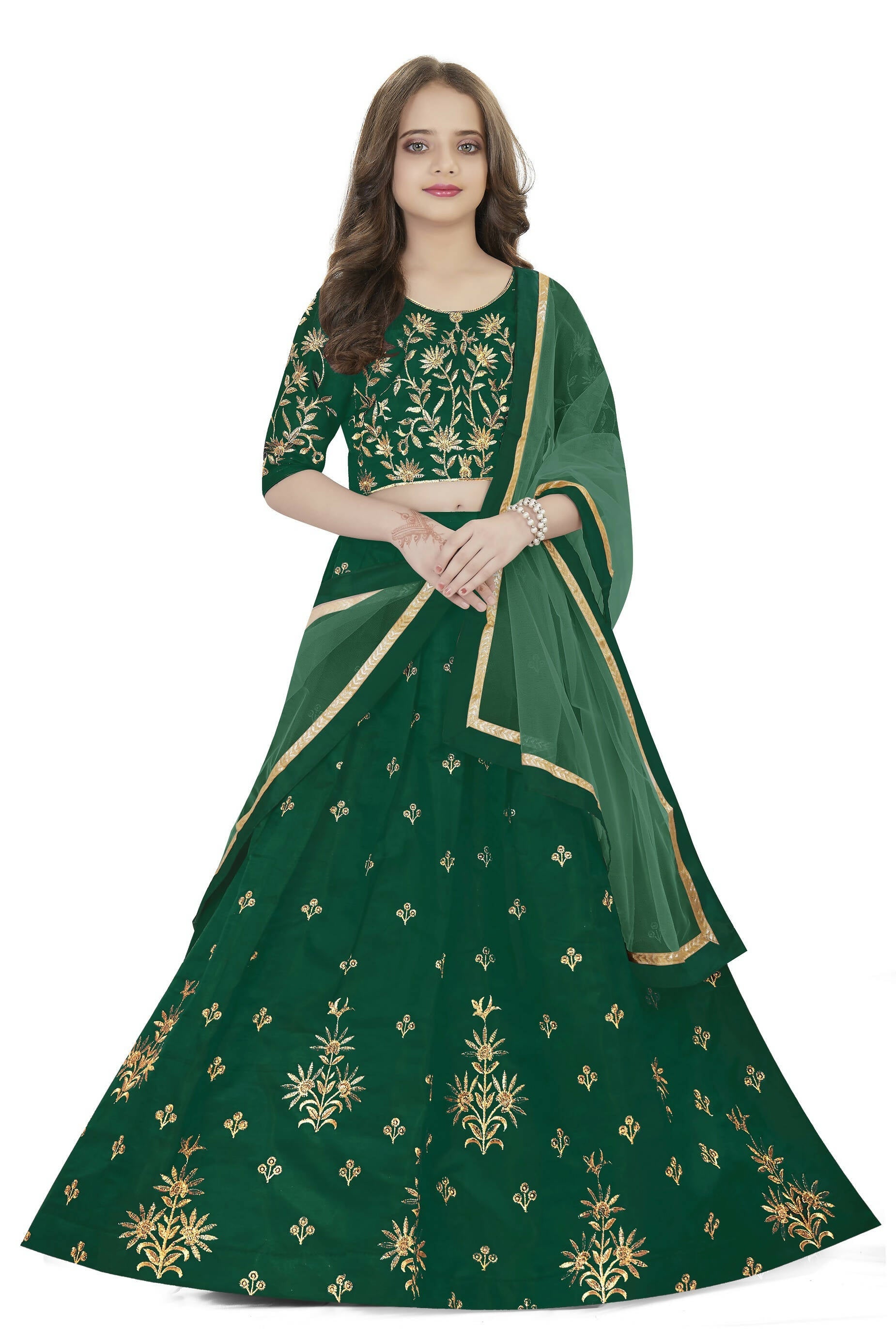 Dwiden Green Rohini Tafetta Sattin Semi-Stitched Girl's Lehenga Choli