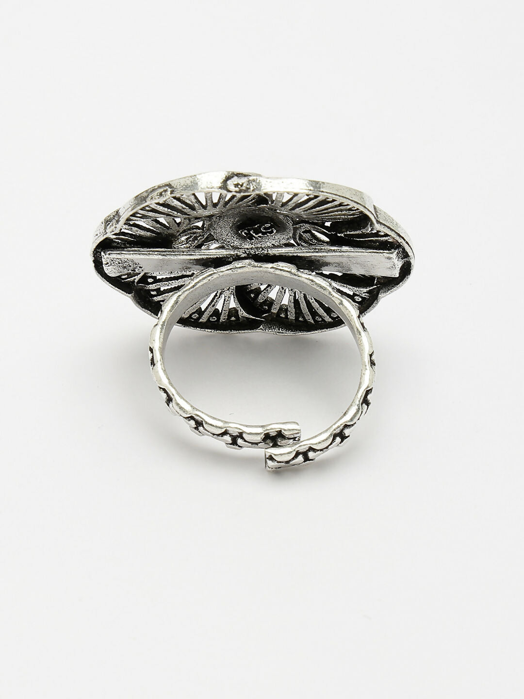 NVR Women's Silver-Toned Floral Shape Adjustable Finger Ring