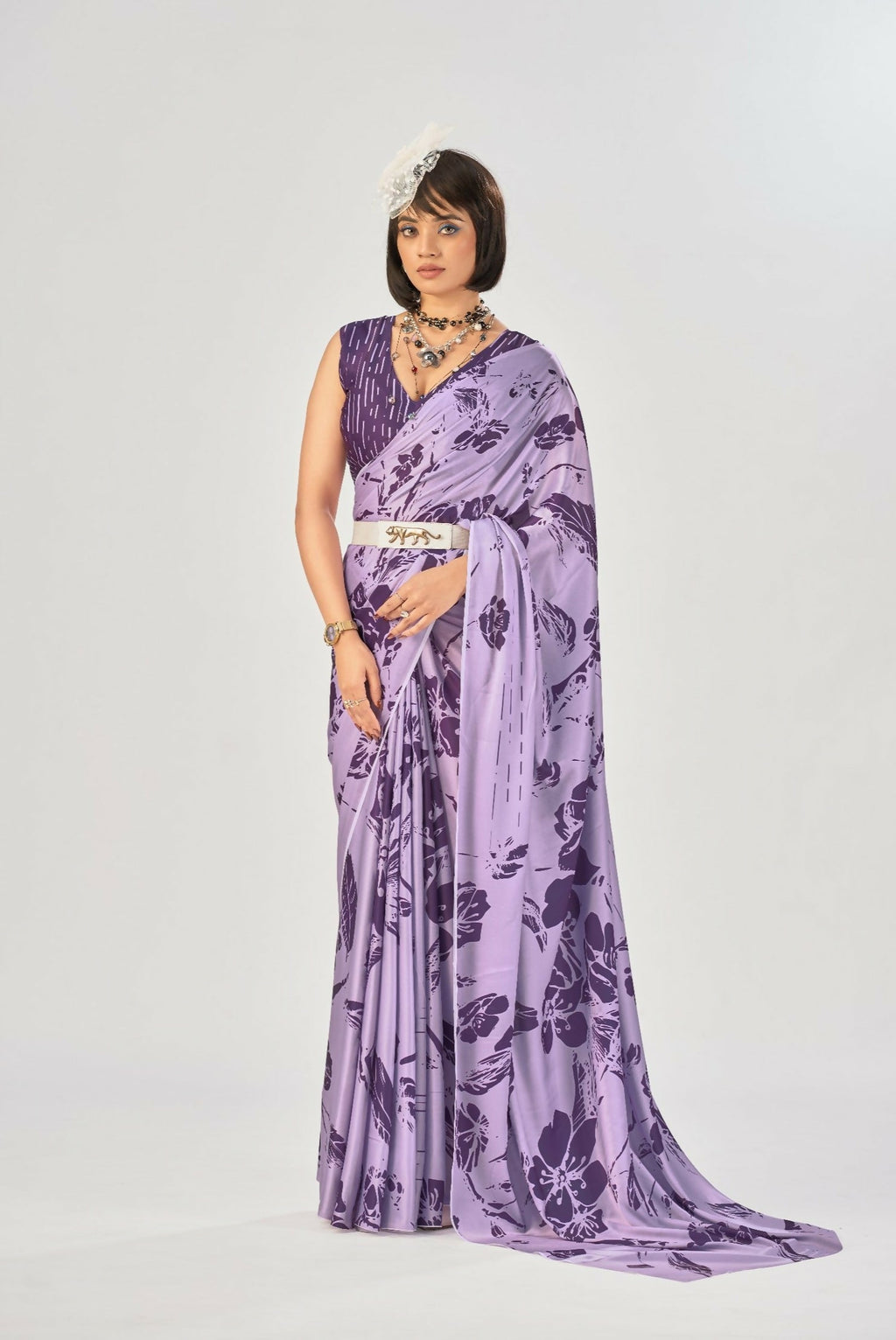Vastranavya Lavender Satin Silk Elegant Printed Saree with Unstitched Blouse - Distacart