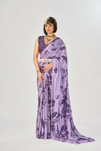 Vastranavya Lavender Satin Silk Elegant Printed Saree with Unstitched Blouse - Distacart