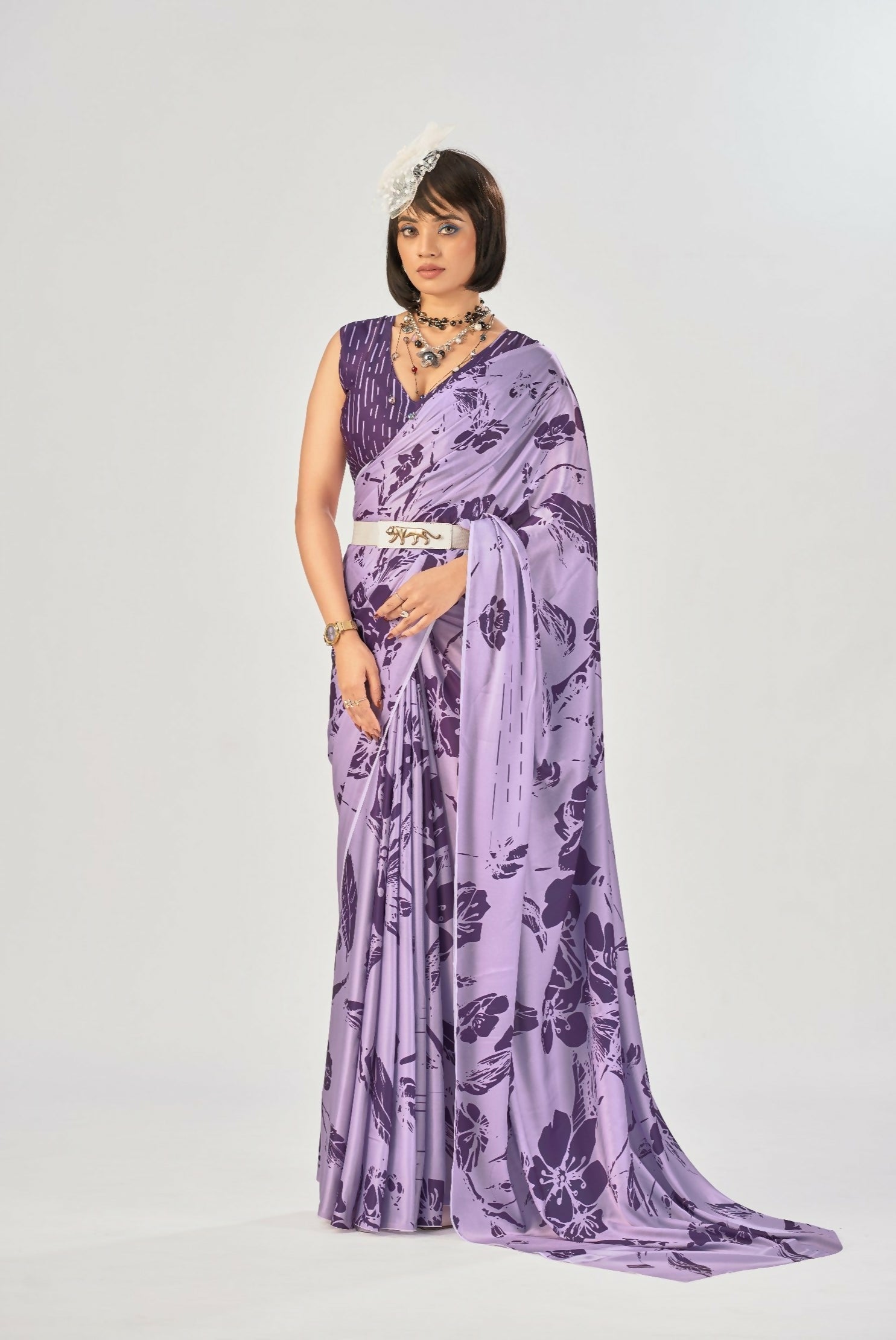 Vastranavya Lavender Satin Silk Elegant Printed Saree with Unstitched Blouse - Distacart
