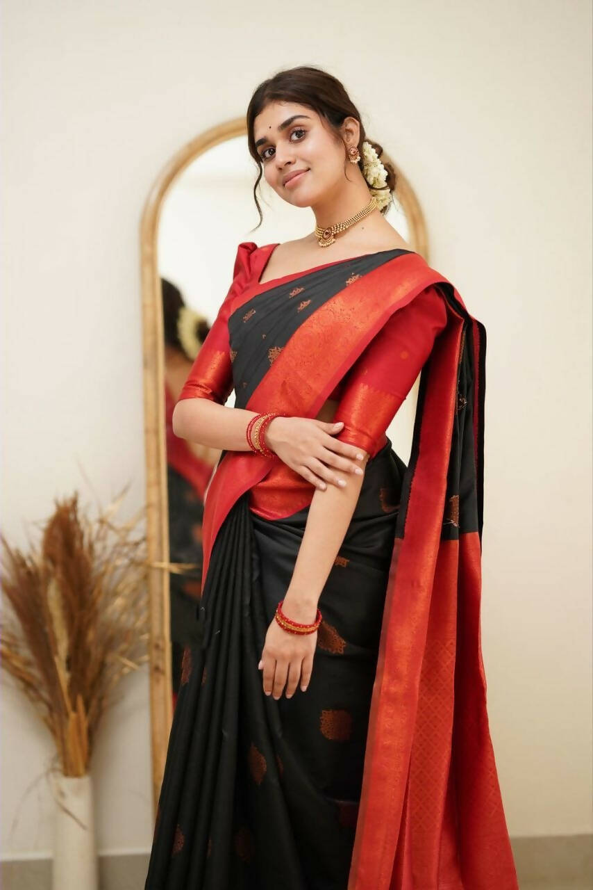 DEIANA'S Beautiful Designer Golden zari Soft Lichi Silk Saree - Black