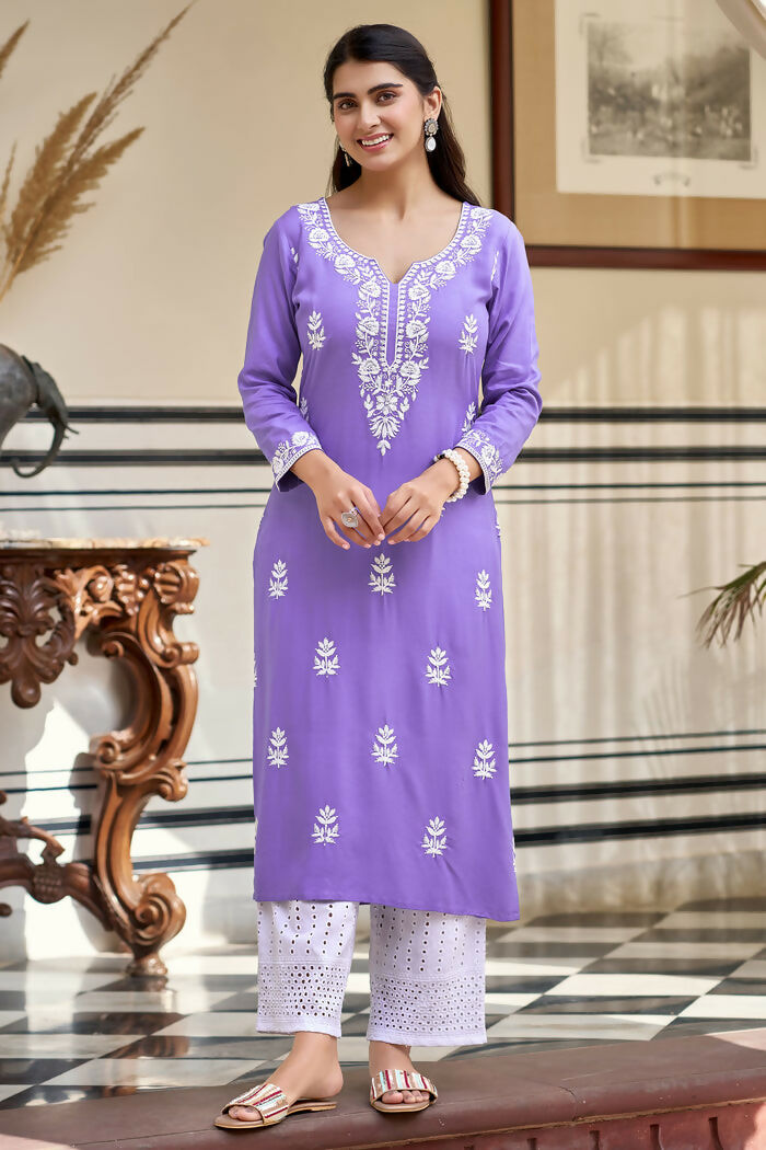 The52 Lavender Women's Gorgeous Chikankari work Pure Rayon Fabric Straight Kurta, Pant Set - Distacart