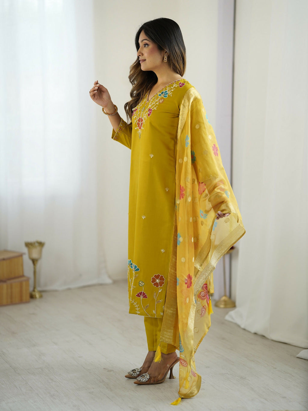 The52 Yellow Women's Gorgeous Embroidered work Viscose Gadhwal Fabric Straight Kurta, Pant and Dupatta Set - Distacart