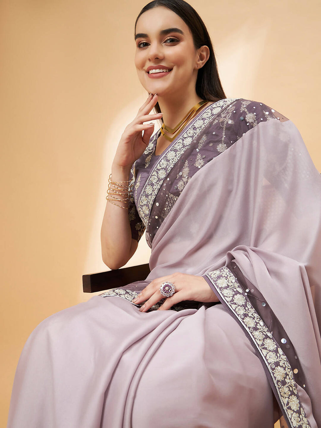 Mauve Silk Georgette Ribbon Embroidery Saree - Norita Hit Design