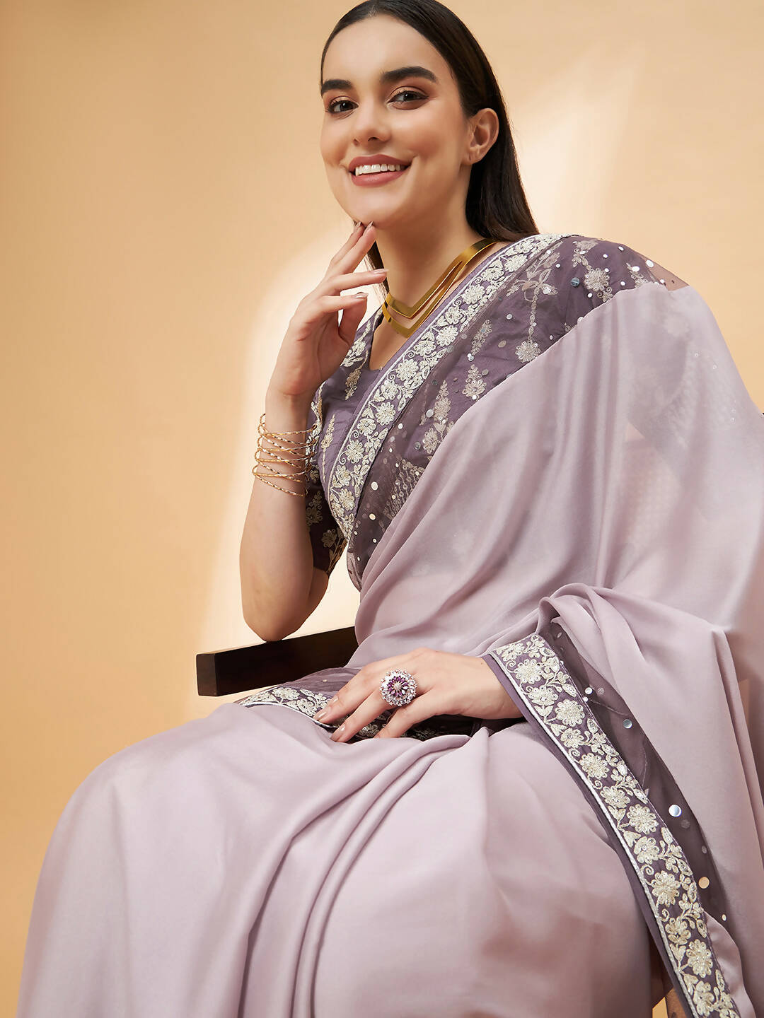 Mauve Silk Georgette Ribbon Embroidery Saree - Norita Hit Design
