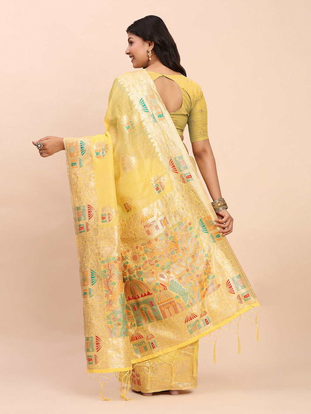 Shree Shyam Fashion Linen Cotton Yellow Saree - Distacart