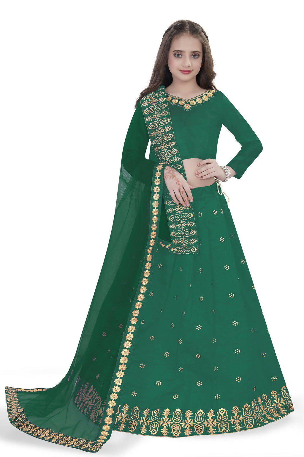 Dwiden Green Queen Tafetta Sattin Semi-Stitched Girl's Lehenga Choli