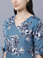 Myshka Women Teal Blue Grey Printed A-line Dress - Distacart
