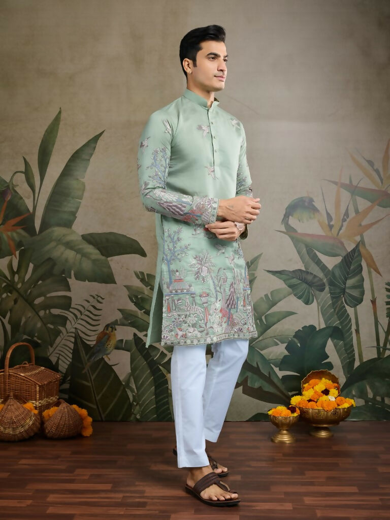 Vastranavya Pista Green Exclusive Festival Wear Viscose Silk Thread & Sequence Embroidered Work Kurta