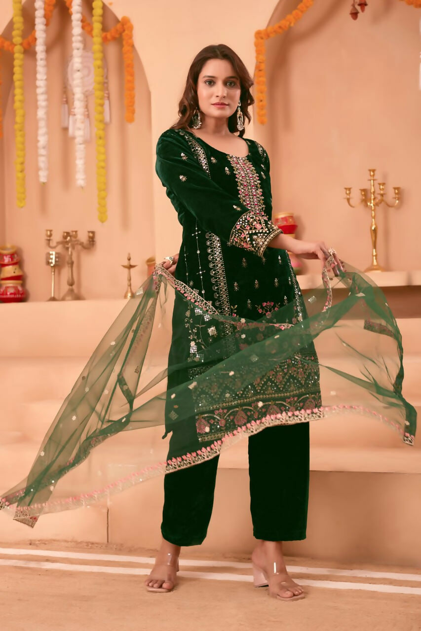 Joban Fashion Green Kurta Set Velvet Embroidery Sequence Work - Distacart