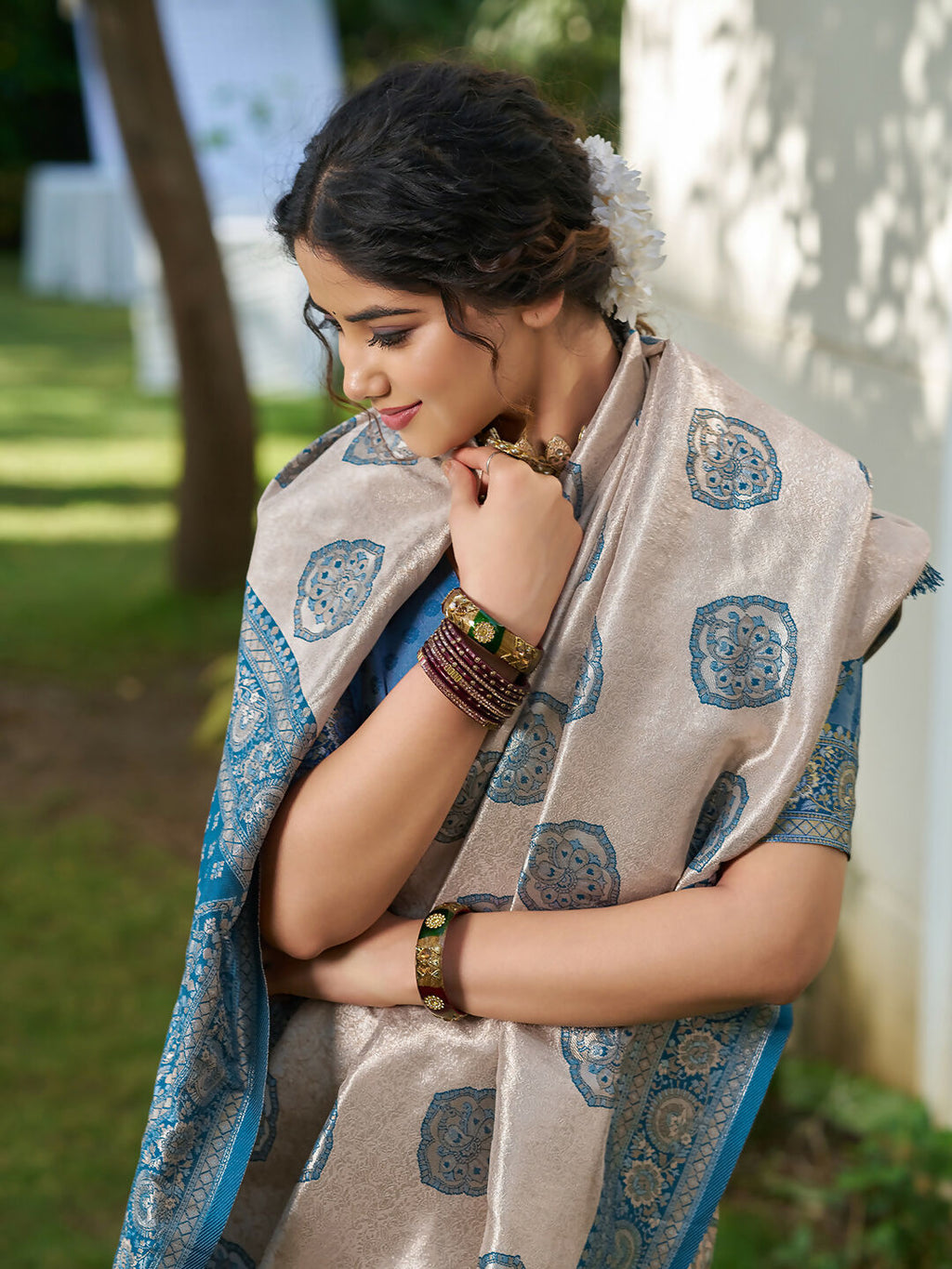 Shree Shyam Fashion Cream With Blue Silk Blend Saree - Distacart