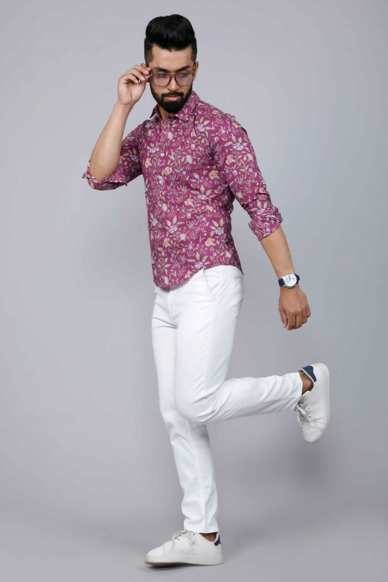 Miravan Men's Purple Comfort Foral Printed Casual Cotton Shirt