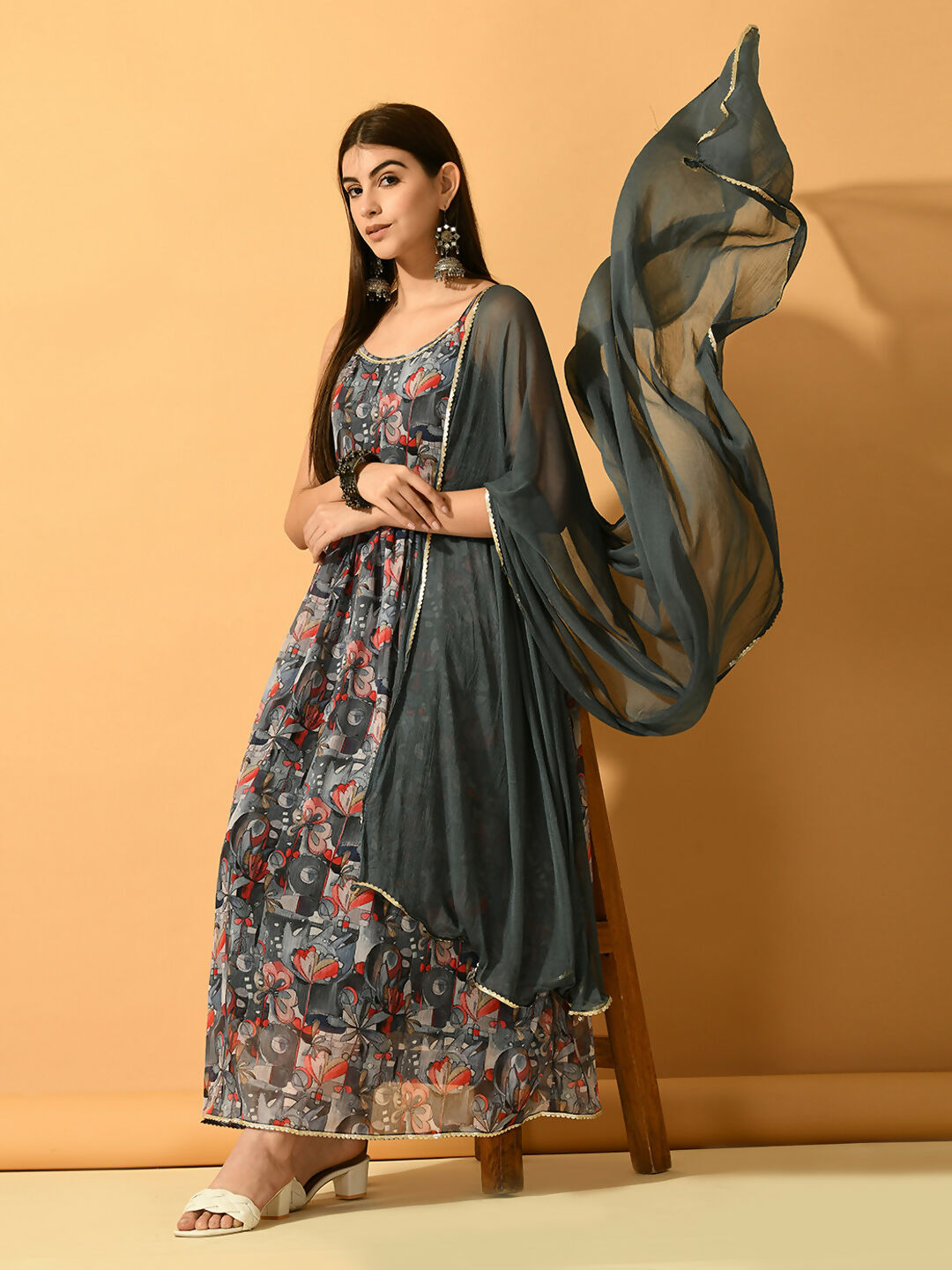 Myshka Women's Grey Festive Flared Anarkali Kurta With Dupatta sets