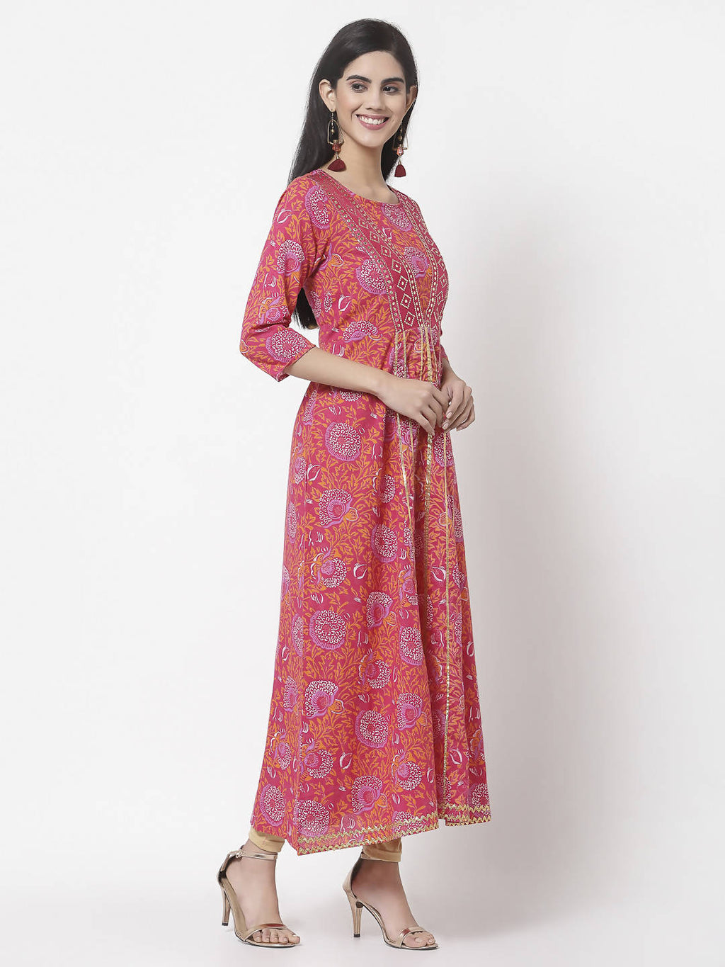 Myshka Women's Pure Red Color Cotton Round Neck Printed 3/4 Sleeve Dress