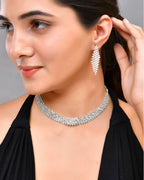 VOJ Silver Plated AD Studded Choker And Earrings Set