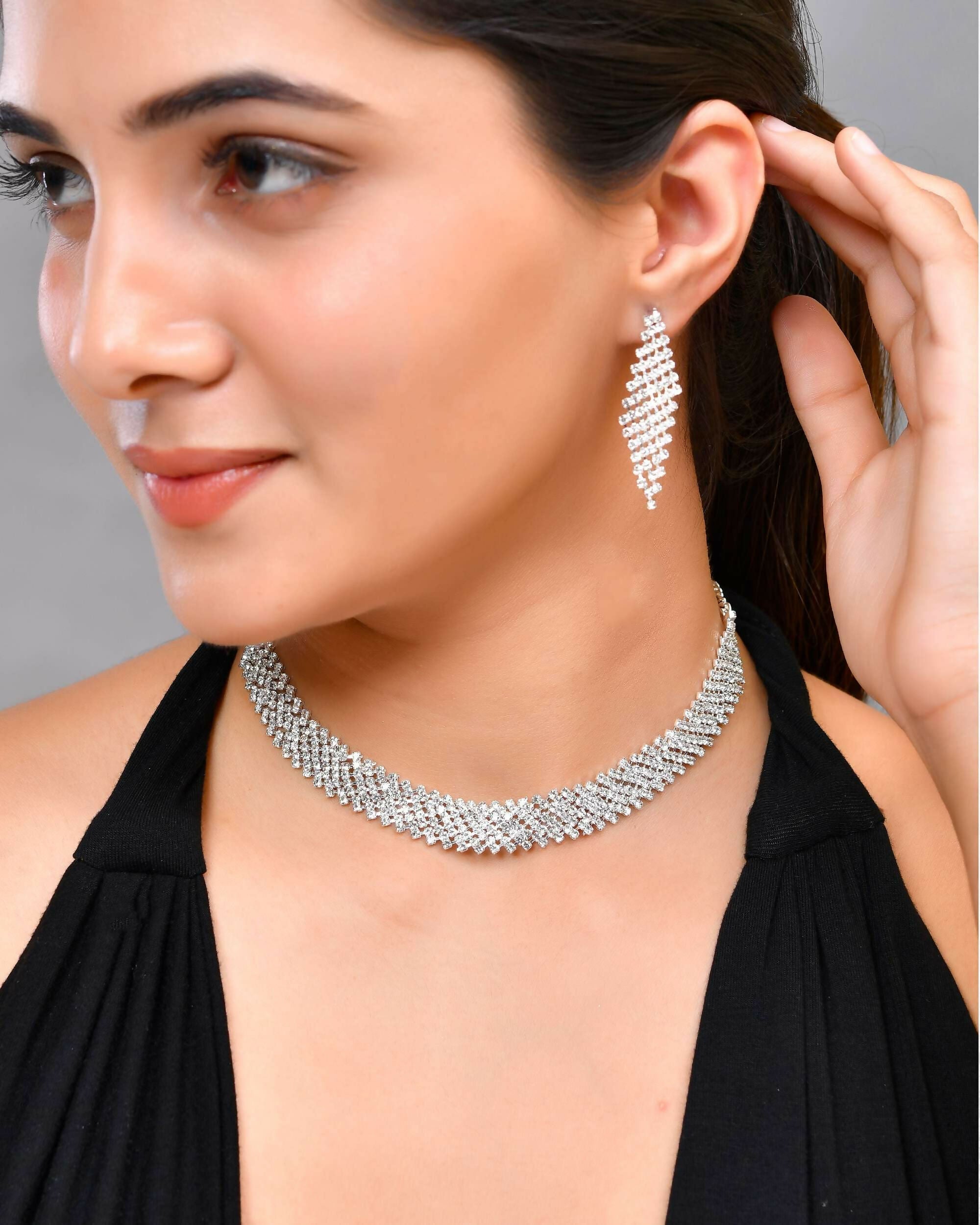 VOJ Silver Plated AD Studded Choker And Earrings Set