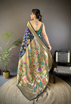 Joban Fashion Navy Blue Zari Woven Floral Motifs Soft Silk Paithani Silk Saree - Distacart