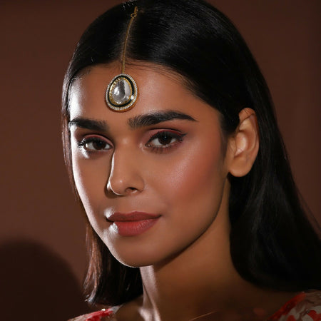 Over Sized Kundan Maang Tikka with Diamond Detailing - Ruby Raang