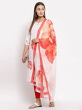 Myshka Women's White Printed Cotton Printed 3/4 Sleeve Round Neck Casual Kurta Pant Dupatta Set