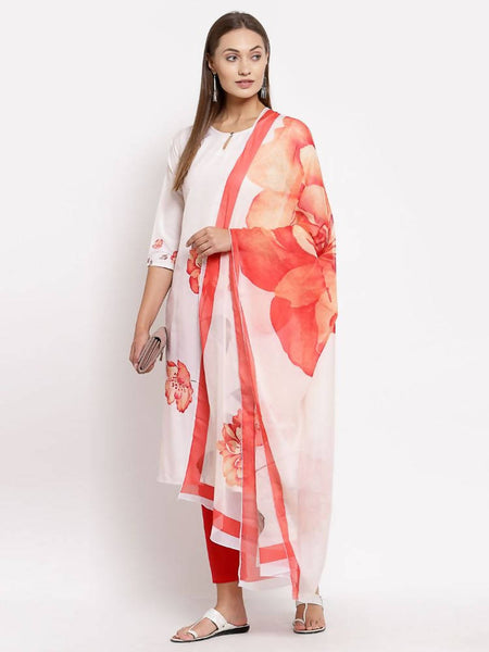 Myshka Women's White Printed Cotton Printed 3/4 Sleeve Round Neck Casual Kurta Pant Dupatta Set