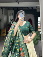Lorenvalley Offwhite and Green Tussar Silk Patola Print Lehenga Choli