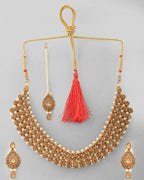 VOJ Gold-Polished Stone Studded Choker Necklace With Earrings And Manag Tikka Set