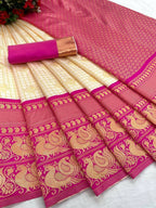 DEIANA'S Beautiful Designer Golden zari Soft Lichi Silk Saree - White