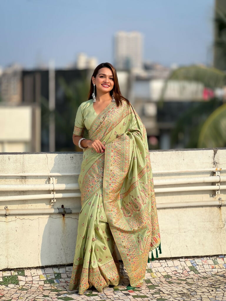 Pista Pashmina Silk Wevon Kashmiri Meenakari Designer Saree with Unstitched Blouse - Vandini