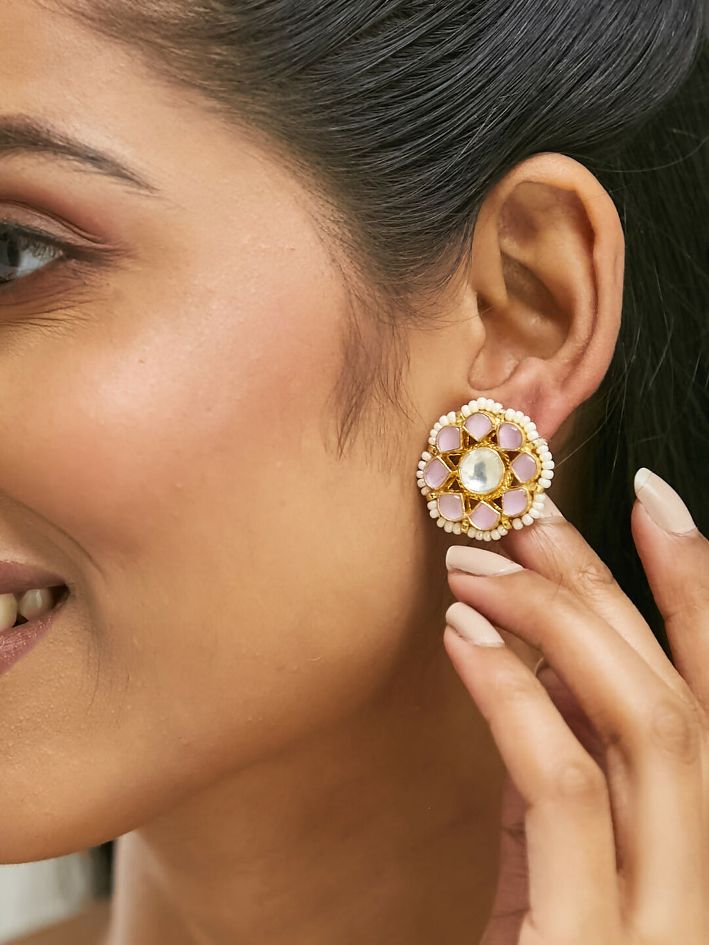 Nuyug 22K Gold-Plated Pink Kundan Studded & Beaded Floral Shaped Studs - Distacart