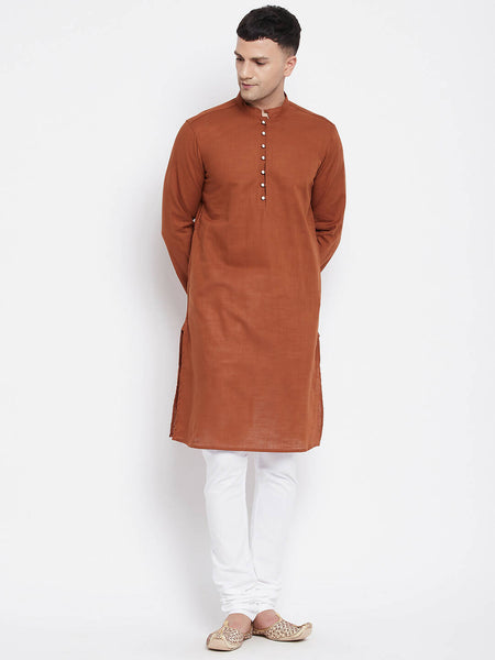 Even Apparels Brown Color Pure Cotton Men's Kurta With Band Collar