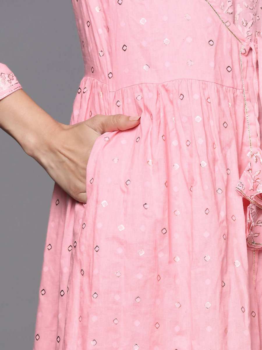 Ahalyaa Pink & Gold Ethnic Printed Layered Front Slit Cotton Anarkali Kurta Palazzos - Distacart