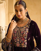Anaita Wine Embroidered Velvet Stitched Plazo Suit - Distacart