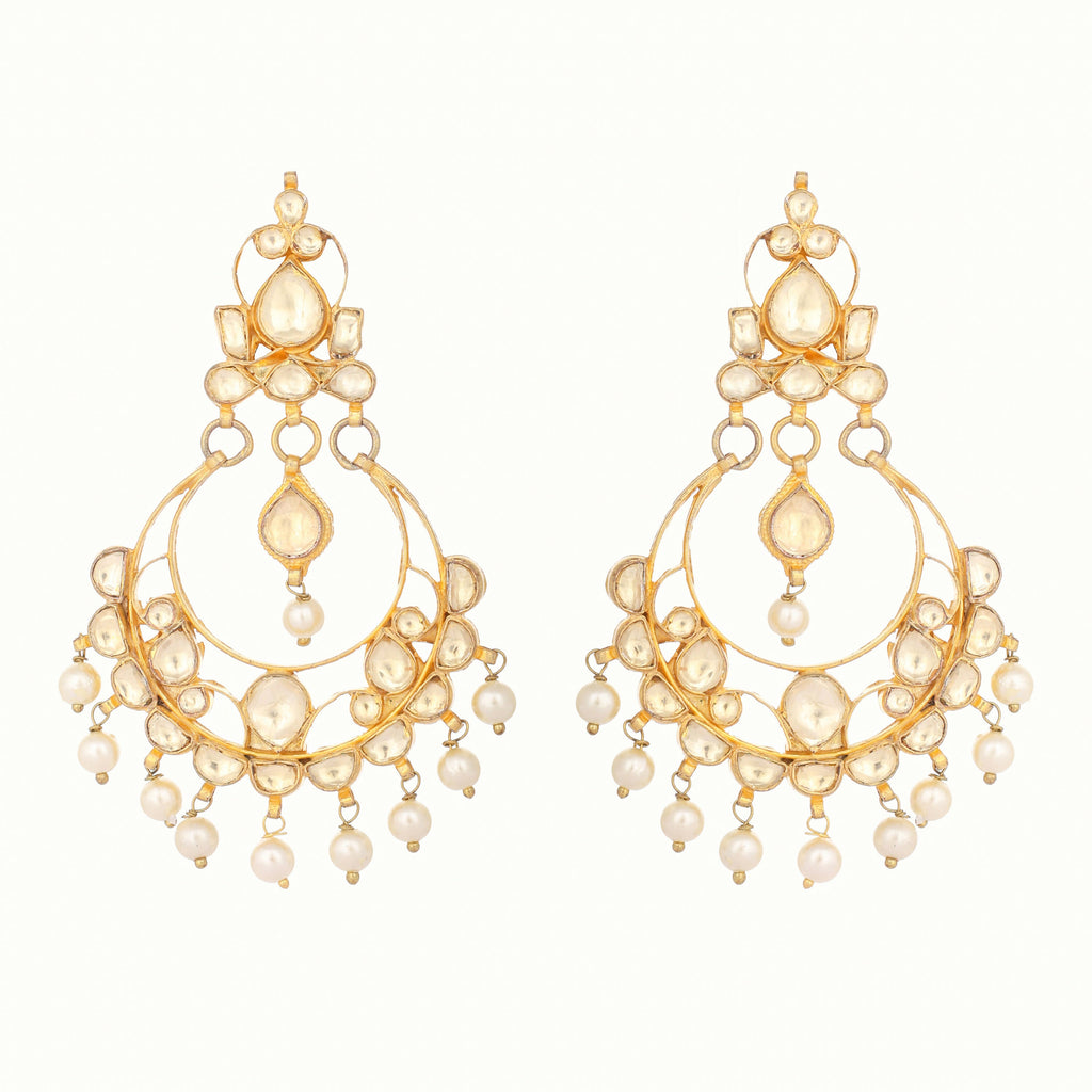 Nuyug 22K Gold Plated Kundan Studded Contemporary Shaped Pearl Drop Chandbalis - Distacart