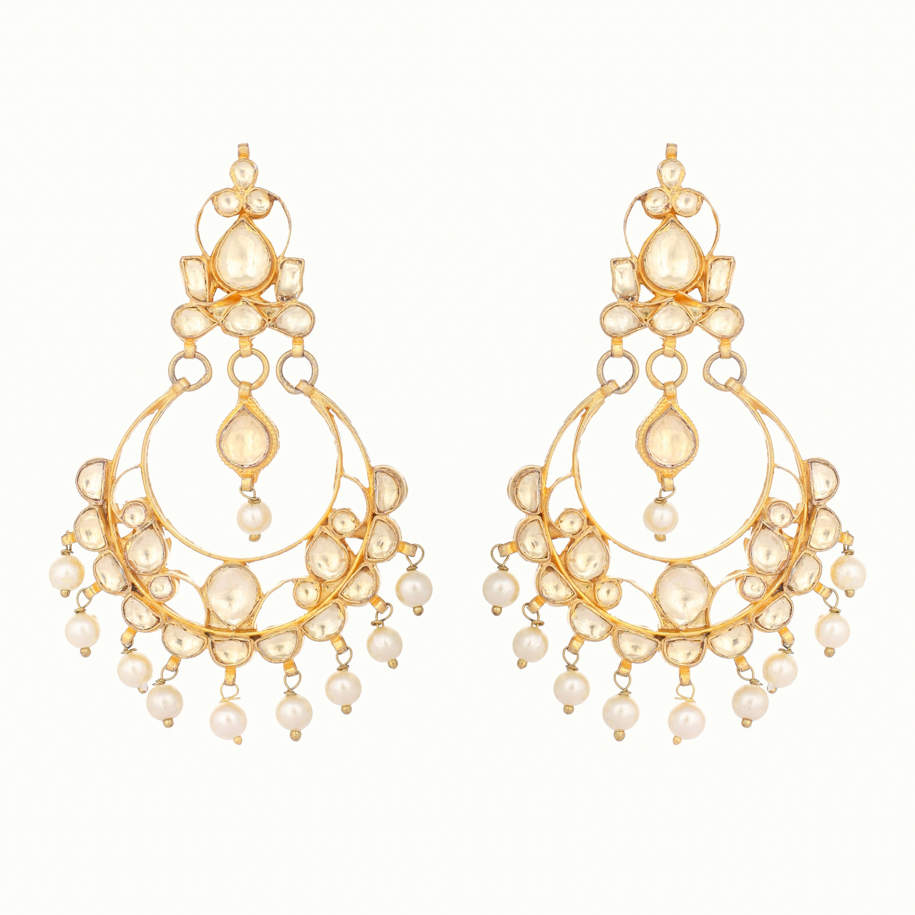 Nuyug 22K Gold Plated Kundan Studded Contemporary Shaped Pearl Drop Chandbalis - Distacart